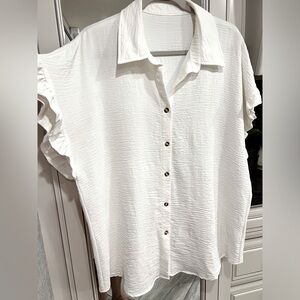 (SOLD) Women’s White Button Blouse with Collar, Short Sleeve Loose with Ruffles.